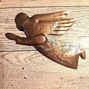 Vintage Angel Holding Star Brooch Pin 4.75" Long Lightweight Embossed Metal